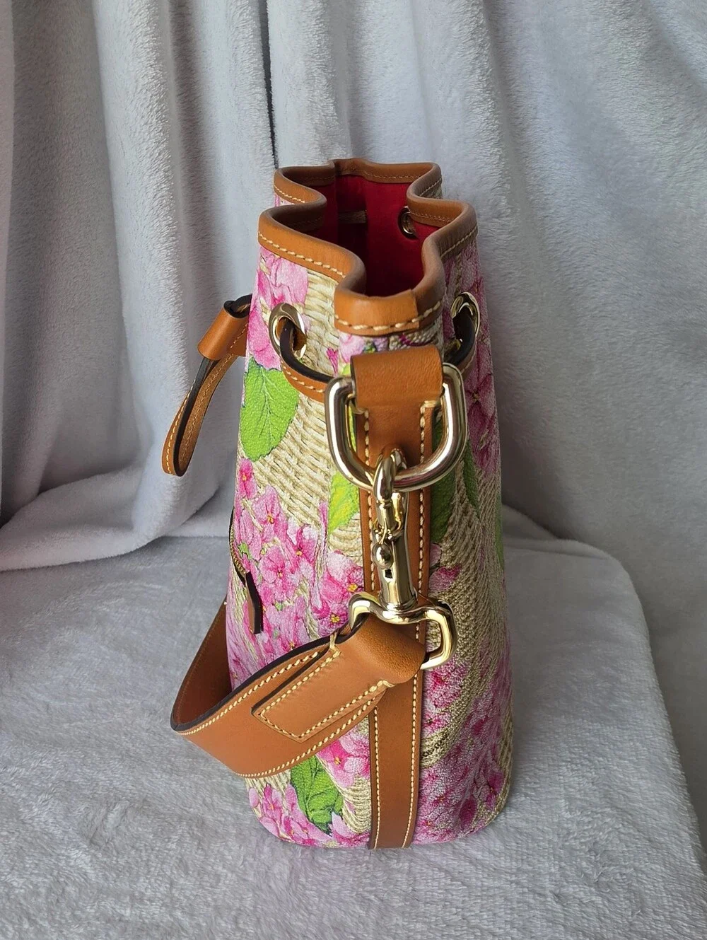 Dooney & Bourke Pink Floral Bucket Shoulder Bag with Tan Trim